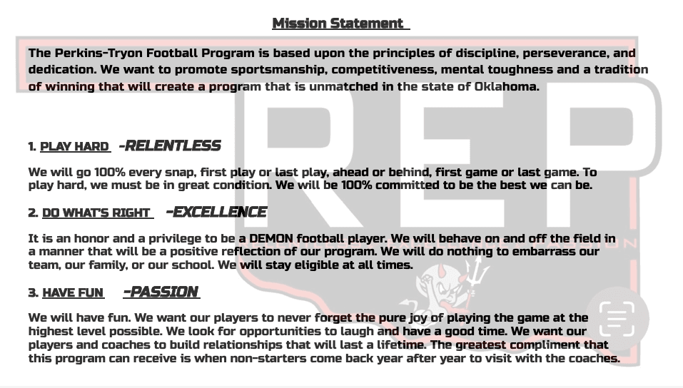 Perkins-Tryon Demons Football mission statement graphic